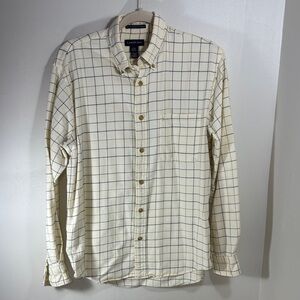 Lands' End Cream withTan and Black Plaid Flannel Striped Button Front Shirt